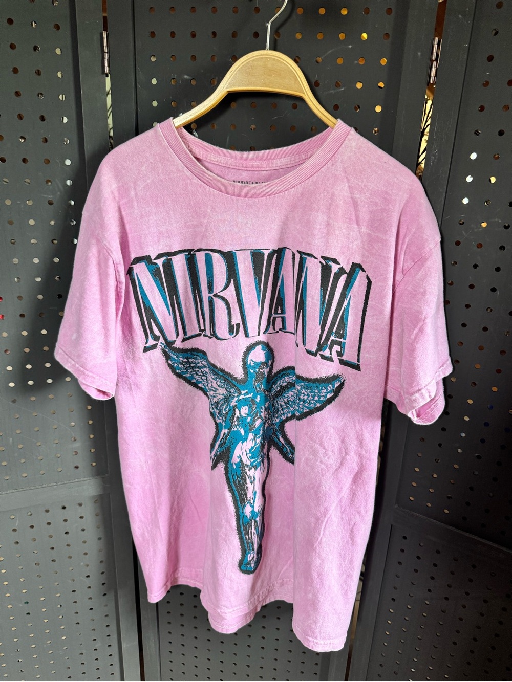 NIRVANA Pink Tee with Teal & Black Angel Graphic